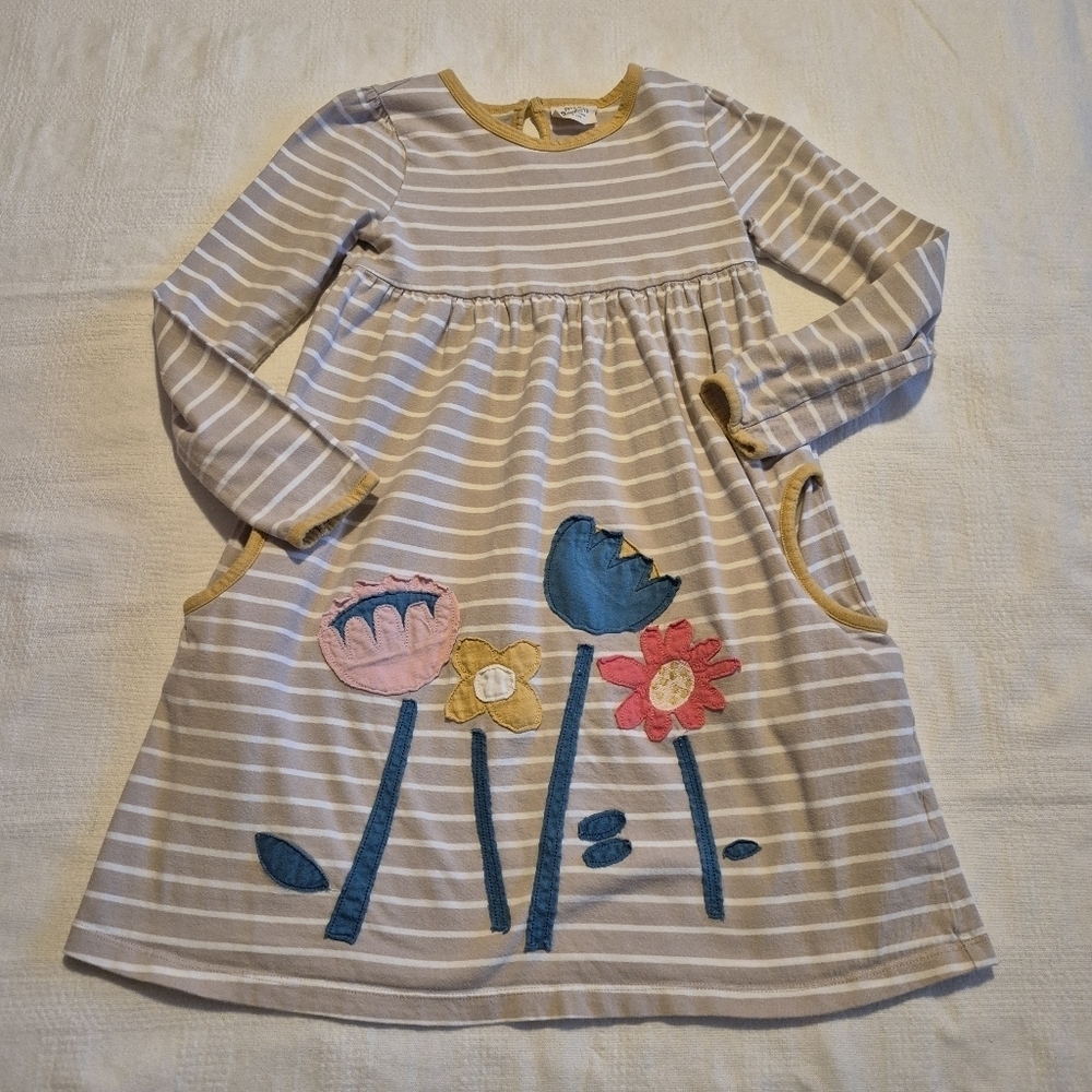 Mini Boden girls size 9-10 tan & white stripe dress flowers play condition